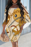 Gold Graphics Print Cape Sleeve Backless Off Shoulder Wrapped Skirt Vacation Bodycon Mini Dresses