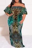 Dark Blue Casual Floral Print Off Shoulder Flutter Sleeve Long Loose Vacation Plus Size Maxi Dresses