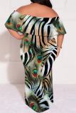 Dark Blue Casual Floral Print Off Shoulder Flutter Sleeve Long Loose Vacation Plus Size Maxi Dresses