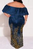 Dark Blue Casual Floral Print Off Shoulder Flutter Sleeve Long Loose Vacation Plus Size Maxi Dresses