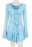 Blue Sexy Solid Color Patchwork Strap Design Ruffled Trim V Neck Irregular Dresses