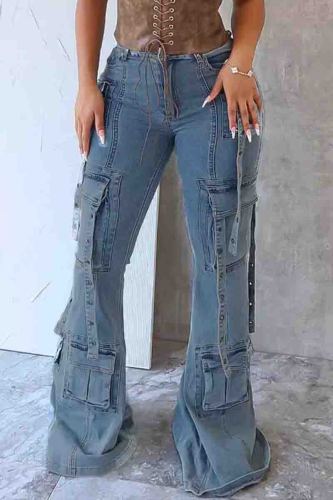 Blue Street Mid Waist Pocket Buttons Flare Leg Denim Cargo Jeans
