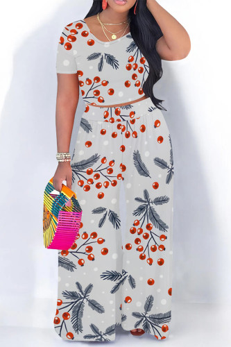 Grey Geometric Print O Neck Short Sleeve Pocket Crop Tops And Wide Leg Pants Two Pieces Trouser Set