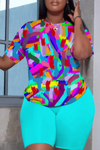 Sky Blue Casual Graphics Print O Neck Short Sleeve Oversize T-Shirt And Shorts Two Pieces Shorts Sets