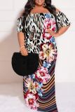 Dark Blue Casual Floral Print Off Shoulder Flutter Sleeve Long Loose Vacation Plus Size Maxi Dresses