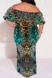 Dark Blue Casual Floral Print Off Shoulder Flutter Sleeve Long Loose Vacation Plus Size Maxi Dresses