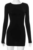 Black Backless O Neck Long Sleeve Wrapped Skirt Night Club Bodycon Mini Dresses