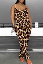 Khaki Casual Graphics Print Sleeveless U Neck Pocket Loose Harem Leg Cami Jumpsuits