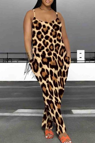 Khaki Casual Graphics Print Sleeveless U Neck Pocket Loose Harem Leg Cami Jumpsuits
