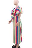 Multicolor Stripe Print O Neck Ruffle Sleeve Front Tie Strap Design Long Vacation Maxi Dresses