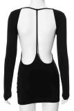 Black Backless O Neck Long Sleeve Wrapped Skirt Night Club Bodycon Mini Dresses