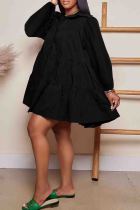 Black Casual Solid Color Buttons Patchwork Turndown Collar Ball Gown Dresses