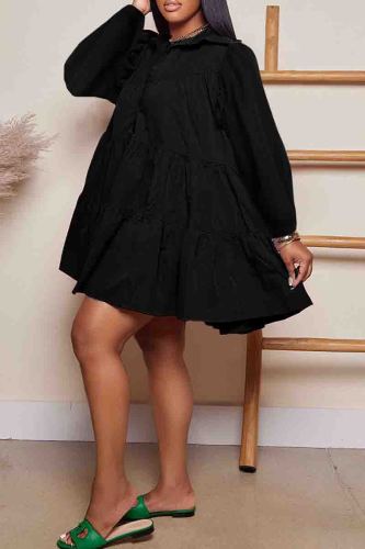 Black Casual Solid Color Buttons Patchwork Turndown Collar Ball Gown Dresses