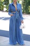 Blue Casual Turndown Collar Long Sleeve Strap Design Pocket Denim Front Tie Crop Blouse And Wide Leg Pants Vacation Two Pieces Trouser Sets