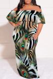 Dark Blue Casual Floral Print Off Shoulder Flutter Sleeve Long Loose Vacation Plus Size Maxi Dresses