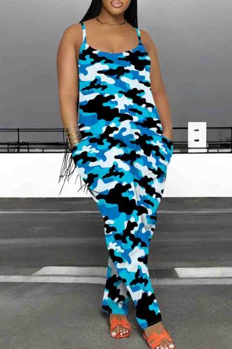 Blue Graphics Print Sleeveless Backless Daily Vacation Loose Cami Harem Jumpsuit