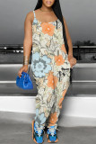 Beige Casual Floral Print Sleeveless U Neck Pocket Loose Harem Leg Cami Jumpsuits