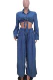Blue Casual Turndown Collar Long Sleeve Strap Design Pocket Denim Front Tie Crop Blouse And Wide Leg Pants Vacation Two Pieces Trouser Sets