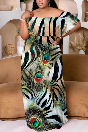 Zebra Casual Floral Print Off Shoulder Flutter Sleeve Long Loose Vacation Plus Size Maxi Dresses