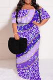 Dark Blue Casual Floral Print Off Shoulder Flutter Sleeve Long Loose Vacation Plus Size Maxi Dresses