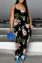 Black Casual Floral Print Sleeveless U Neck Pocket Loose Harem Leg Cami Jumpsuits