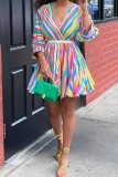 Multicolor Casual Striped Print With Belt V Neck A Line Dresses
