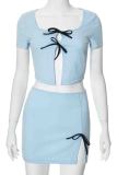 Blue Sexy Solid Color Patchwork Slit Bow Decor U Neck Short Sleeve Two Pieces