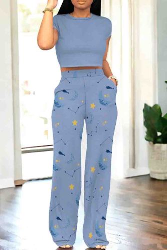 Dark Blue Casual Graphics Print O Neck Short Sleeve Pocket Crop T-Shirt And Straight Leg Pants Two Pieces Tourser Sets