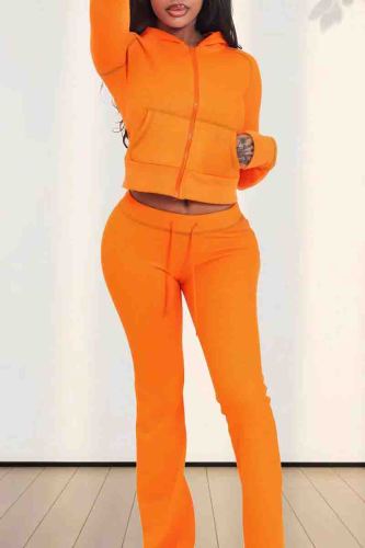 Tangerine Red Casual Solid Color Draw String Pocket Patchwork Zipper Zipper Collar Long Sleeve Two Pieces