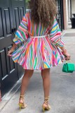 Multicolor Casual Striped Print With Belt V Neck A Line Dresses
