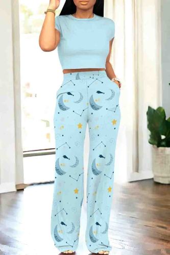 Sky Blue Casual Graphics Print O Neck Short Sleeve Pocket Crop T-Shirt And Straight Leg Pants Two Pieces Tourser Sets