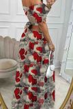 Sky Blue Sexy Print Hollow Out Patchwork Backless Off Shoulder Long Dresses
