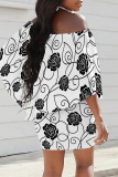 White Floral Print Off Shoulder Cape Sleeve Wrapped Skirt Bodycon Mini Dresses