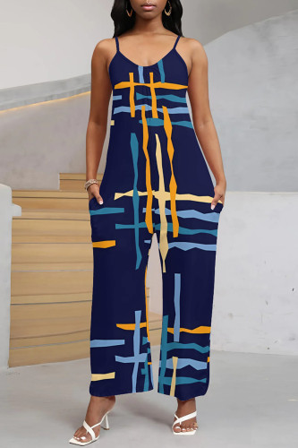 Navy Blue Street Geometric Print V Neck Boot Cut Pocket Vacation Wide Leg Cami Jumpsuits