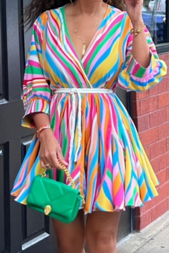 Multicolor Casual Striped Print With Belt V Neck A Line Dresses