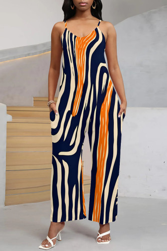 Multicolor Street Geometric Print V Neck Boot Cut Pocket Vacation Wide Leg Cami Jumpsuits