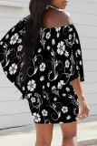 White Floral Print Off Shoulder Cape Sleeve Wrapped Skirt Bodycon Mini Dresses
