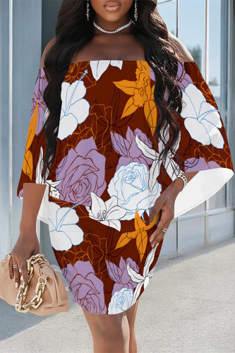 Red Floral Print Off Shoulder Cape Sleeve Wrapped Skirt Bodycon Mini Dresses