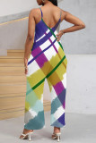 Green Yellow Street Geometric Print V Neck Boot Cut Pocket Vacation Wide Leg Cami Jumpsuits