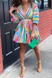 Multicolor Casual Striped Print With Belt V Neck A Line Dresses