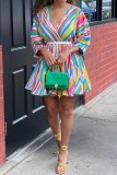 Multicolor Casual Striped Print With Belt V Neck A Line Dresses