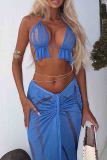 Blue Sleeveless Backless Fringe Halter Bra And Draw String Ruched Maxi Skirt Formal Evening Party Two Pieces Dress Sets