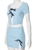 Blue Sexy Solid Color Patchwork Slit Bow Decor U Neck Short Sleeve Two Pieces
