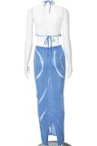Blue Sleeveless Backless Fringe Halter Bra And Draw String Ruched Maxi Skirt Formal Evening Party Two Pieces Dress Sets