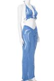 Blue Sleeveless Backless Fringe Halter Bra And Draw String Ruched Maxi Skirt Formal Evening Party Two Pieces Dress Sets