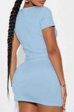 Blue Sexy Solid Color Patchwork Slit Bow Decor U Neck Short Sleeve Two Pieces