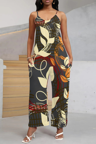 Dark Gray Street Geometric Print V Neck Boot Cut Pocket Vacation Wide Leg Cami Jumpsuits