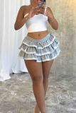 Grey Draw String Ruffled Tiered Trim Loose Low Waist Mini Skirt