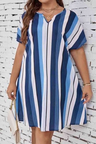 Blue Casual Colorblock Stripe Print V Neck Short Sleeve Straight Plus Size T-shirt Mini Dresses