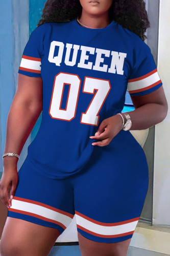 Blue Sportwear Casual Letter Print Basic O Neck Short Sleeve Oversize T-shirt And Shorts Two Pieces Shorts Sets